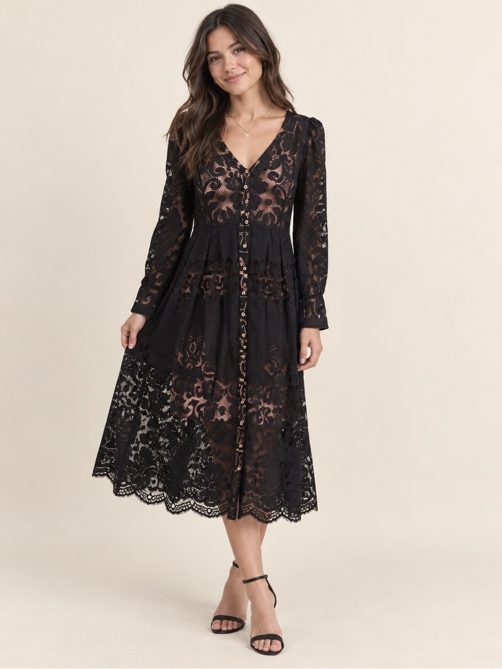 Free People Black Lace Midi Dress with Button Front